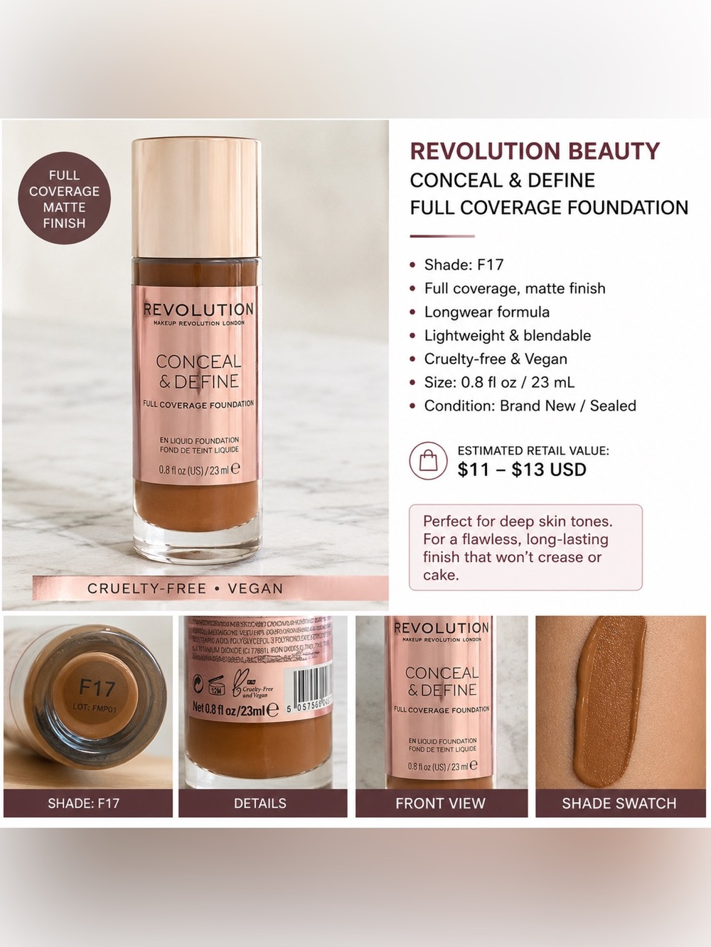 Revolution Conceal & Define Full Coverage Foundation — Shade F17 Deep Brown